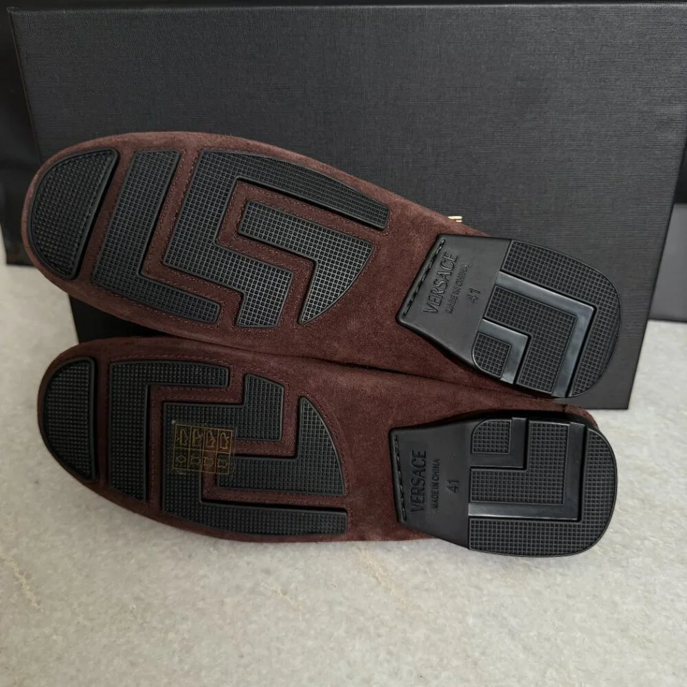 VERSACE 1009707 Medusa Men's Brown Suede Driver Shoes,‎ 40.5
